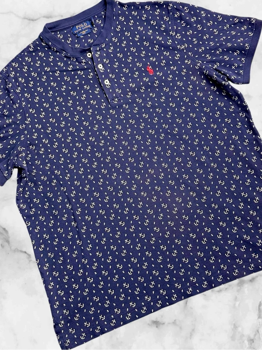 Polo Ralph Lauren Men’s L Featherweight Mesh Polo Shirt Anchor Nautical Navy